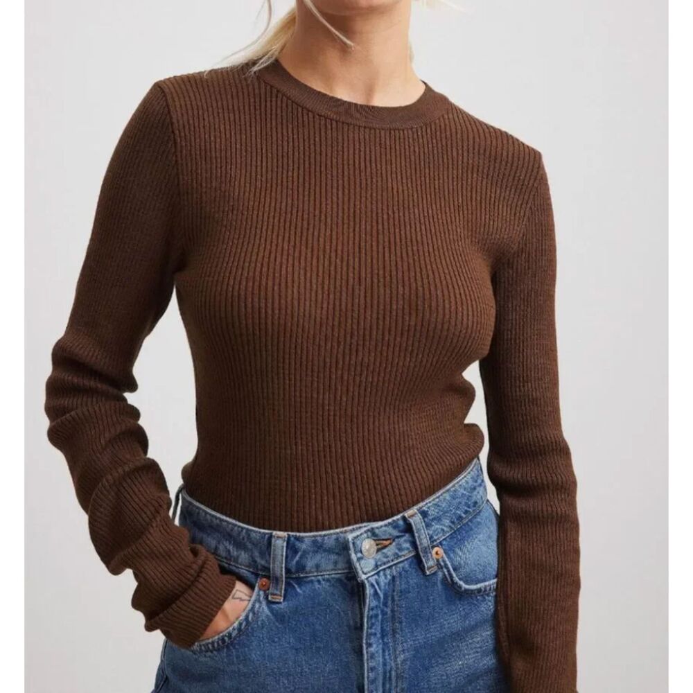 NA-KD Women's Long Sleeve Crewneck Top - Brown